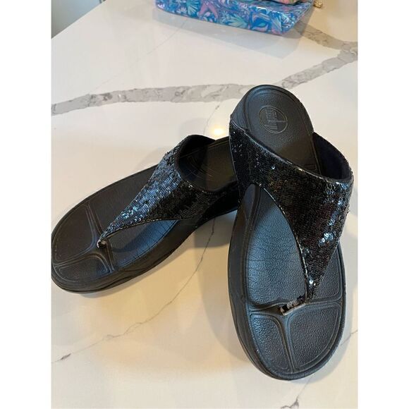 Fitflop Women’s Electra Black Sequin Slide On Sandals Sz 10 Flip Flops Wedge Hee - Picture 2 of 8